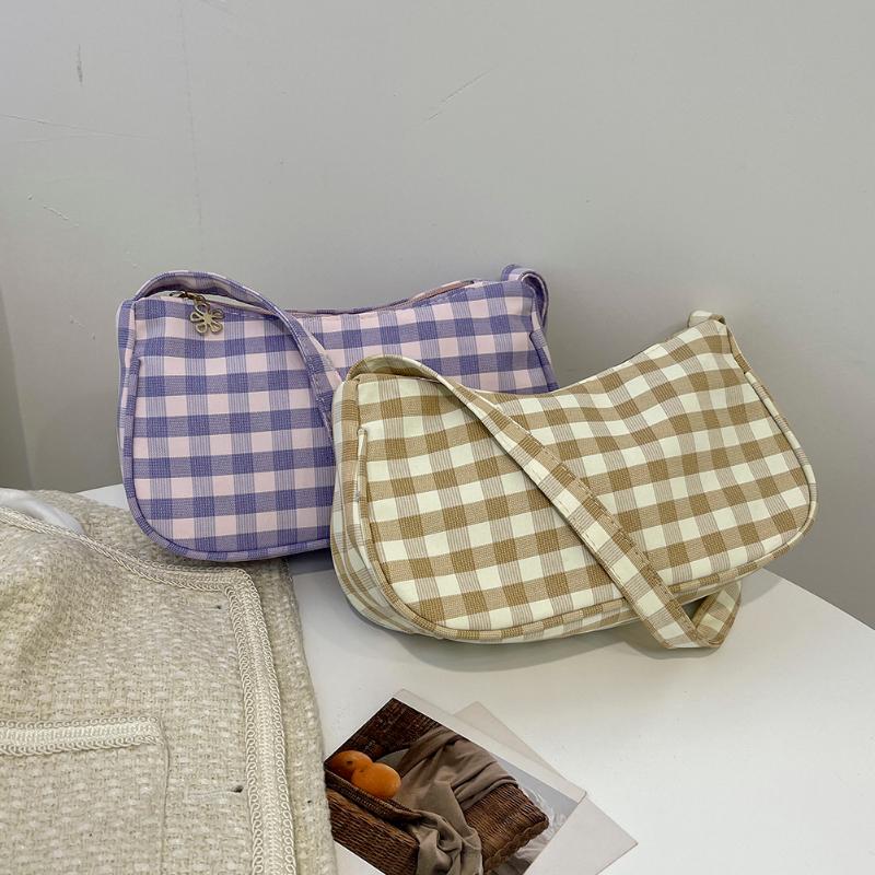 

Evening Bags Women Vintage Shoulder Bag Casual Canvas Lattice Printing Pattern Underarm Small Purse Daily Handbags