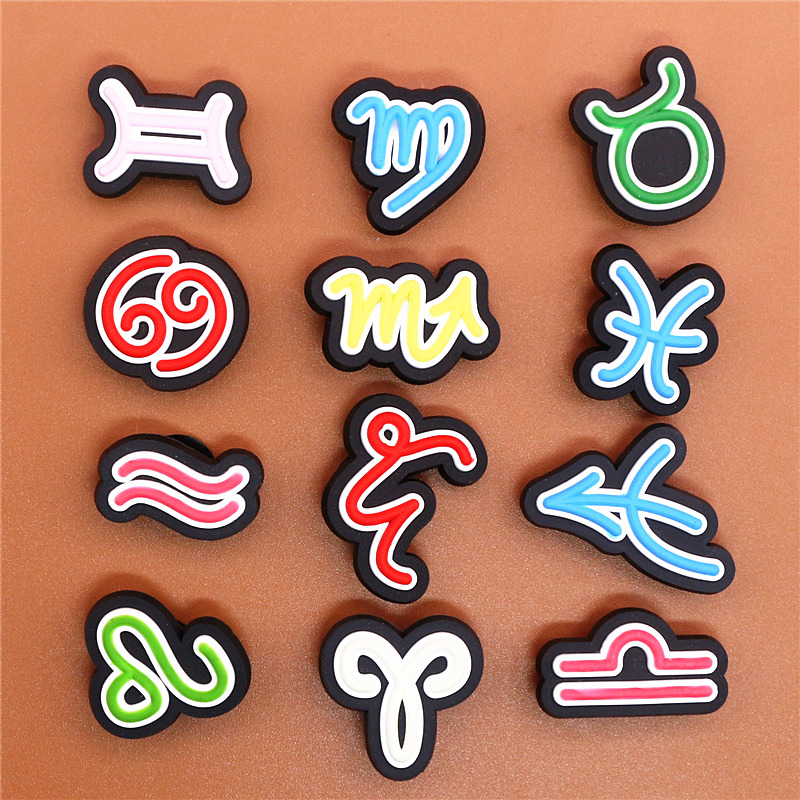 

12 Constellation Symbols PVC Shoe Charms Cute Scorpio Leo Virgo Shoe Buckle Decoration fit sandals Kids X-mas Gift
