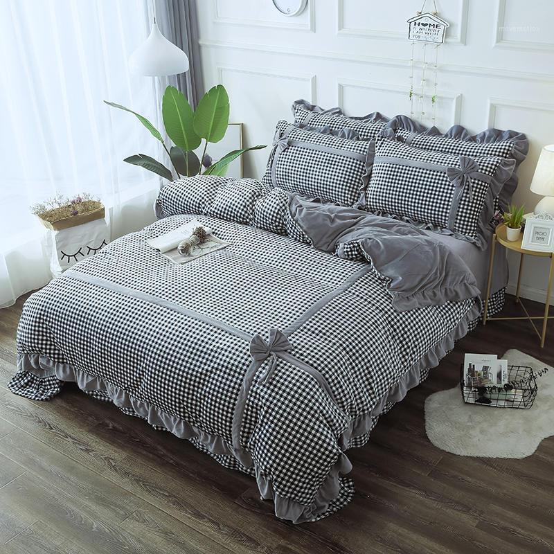 

48 Winter Warm Flannel Velvet Bedding Det King Queen Dize 4Pcs White Bed set Duvet Cover Bedsheet Pillowcase Bow Lattice autumn1