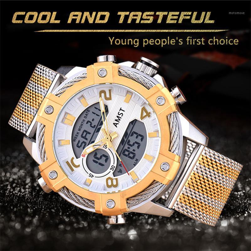 

Watch Men Quartz LCD dual display Japan MIYOTA movement Stainless steel Sport watches Waterproof leather men clock AMST30321, Black gold mesh