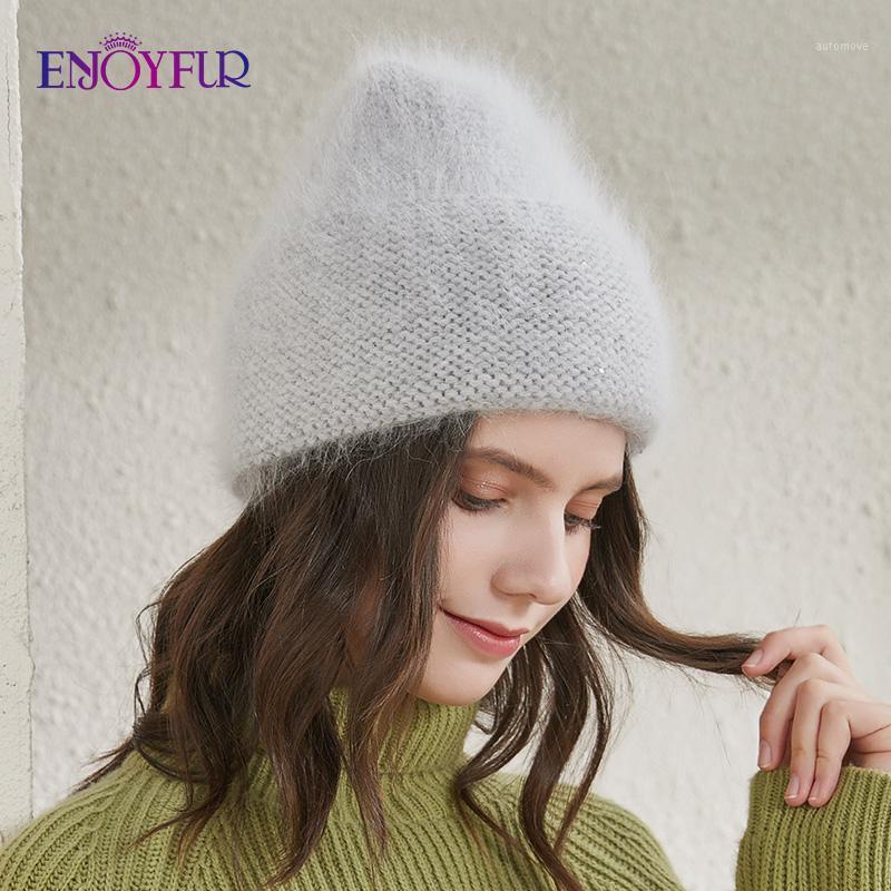 

ENJOYFUR natural angola fur winter hats for women fashion cuffed female knit bonnet warm cassual brand young style beanie1, 05