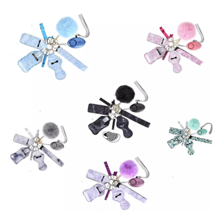 

Wholesales hotsell women neoprene defense Custom Printed Charms with pom alarm safety keychain set