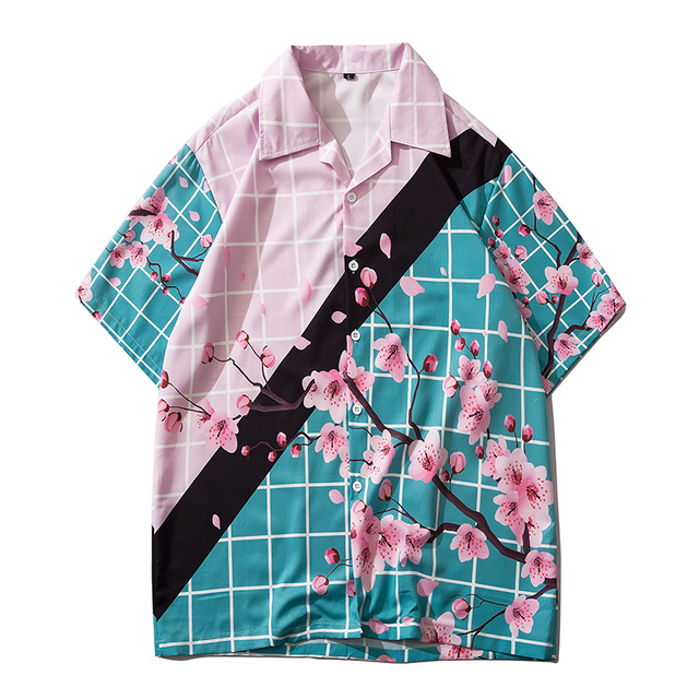 

Floral and Plaid Polo Shirt Men Turn-down Collar Men's Shirts Summer Hawaiian Shirt, White;black