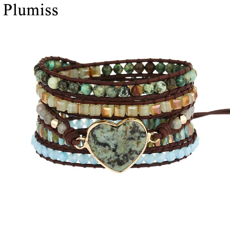 

Plumiss African Turquoises Shaped Heart Wrap Bracelet Natural Stone Hematite Beadework 5Times Strand Bracelets Jewelry for Women