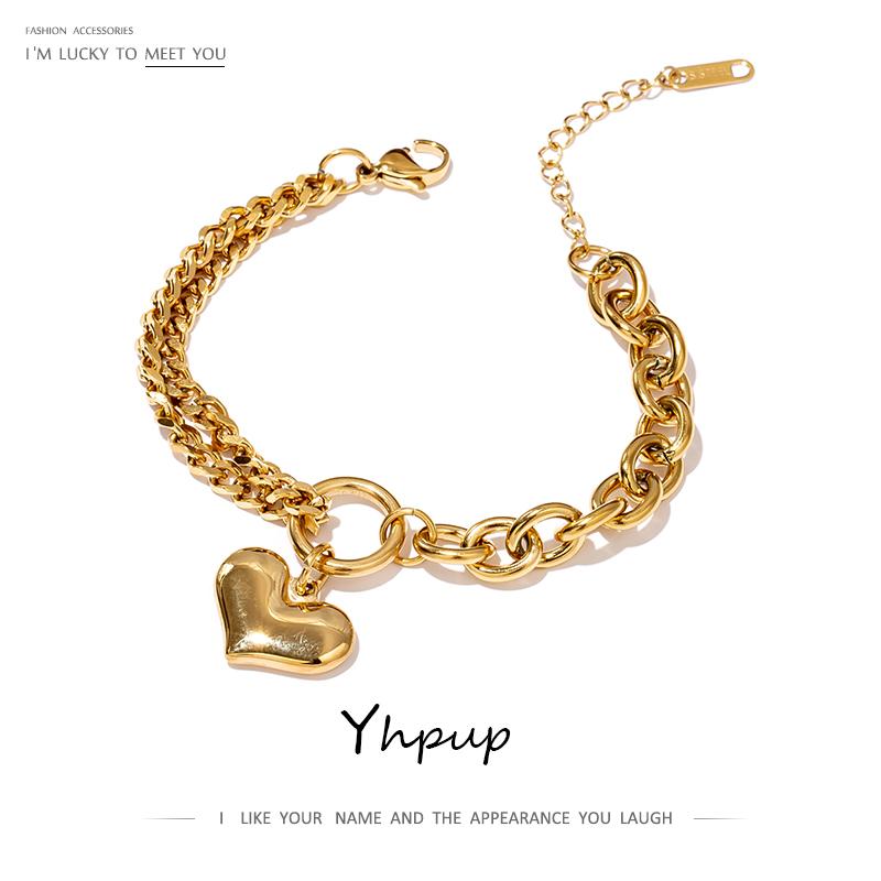 

Yhpup Statement Heart Pendant Bracelet Stainless Steel Gold 18 K Plated Jewelry Trendy Metal Texture Bracelet Accessories 2021
