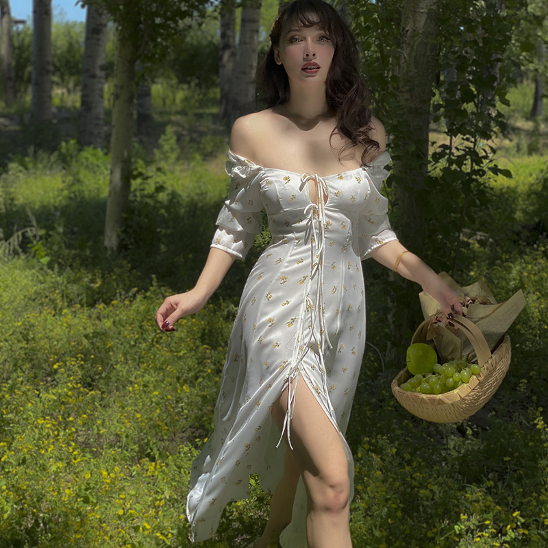 

2021 Vintage French Romantic Little Floral White Off the Shoulder of Fairies Dressed Long Calf-aged Three-quarters Sexy Chiffon Dress IUH7, Clear