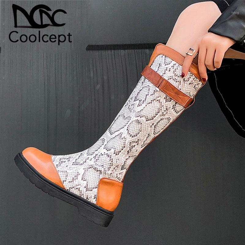 

CoolCept Women Knee Boots Fasion Winter Shoes Women Warm Fur Zipper Flats Long Boots Patchwork Office Lady Footwear Size 34-431, Black