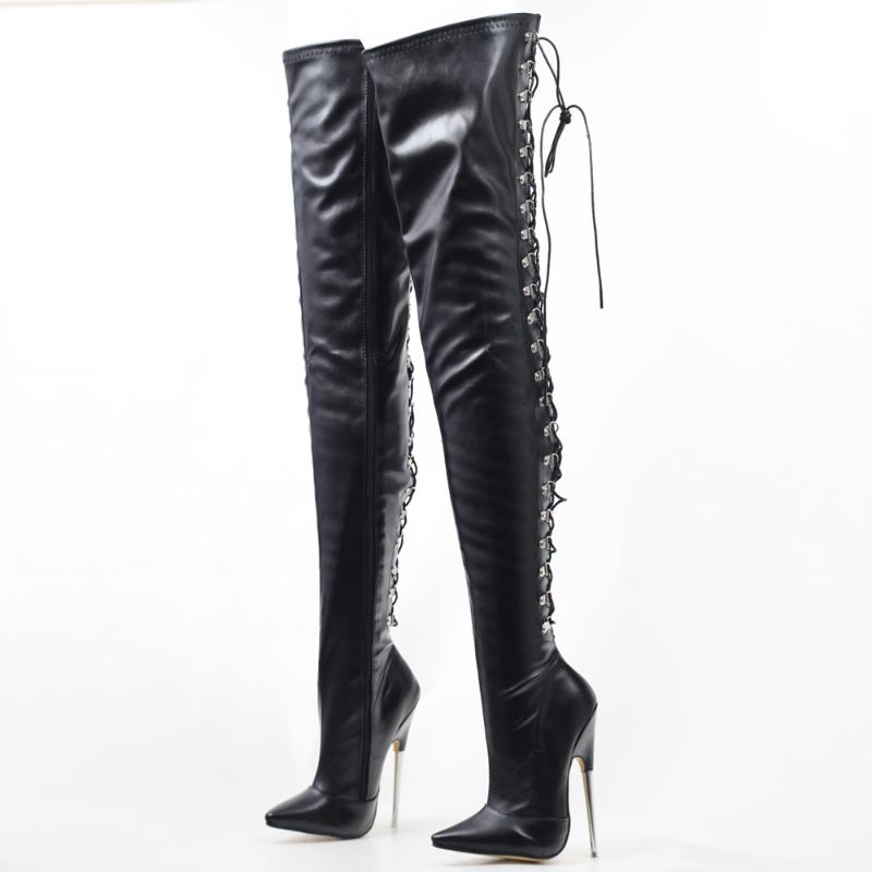 

Women Crotch Thigh High Boots 18CM Super High Heel Pointe toe Back Cross-tied Long Shaft Boots Custom Made, Silver shiny
