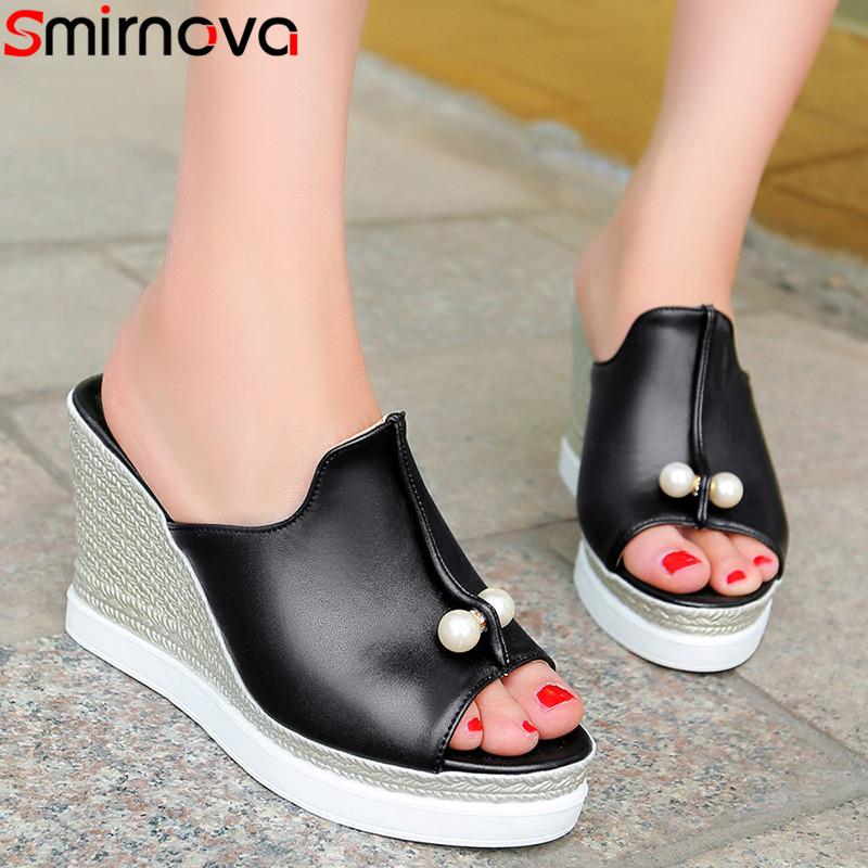 

Smirnova 2021 plus size 43 women sandals pu peep toe wedges platform sandals pearl summer party wedding shoes woman slipper, Black