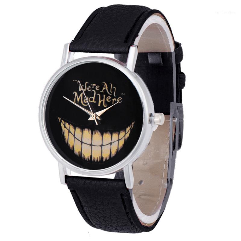 

Wristwatches 3 Colors We All Mad Here Watch Teeth Dial Women Quartz High Quality Arrival Leather Strap 1, Black