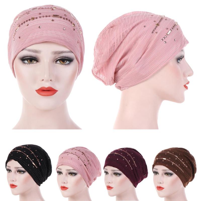 

1PC Solid Fashion Women Beading India Hat Islamic Lace Turban Elastic Muslim Hat Chemo Cap Headwrap Soft Sleeping Beanie New, 01 black