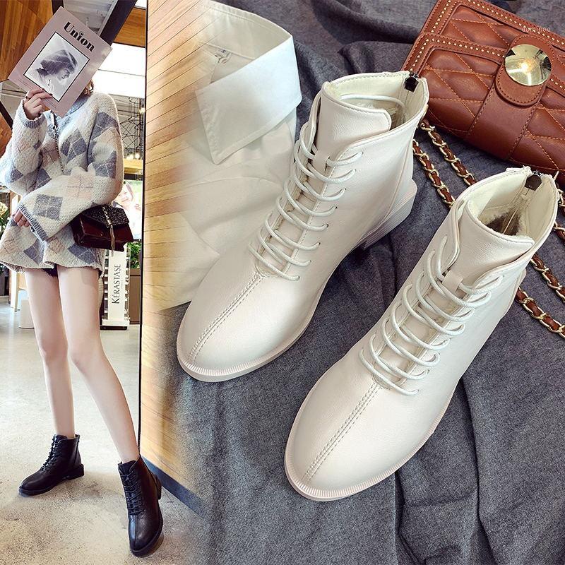 

College Girls lace up riding boots women shoes warm plush solid ankle botas square toe chunky heels knight botines mujer 20201, Without plush