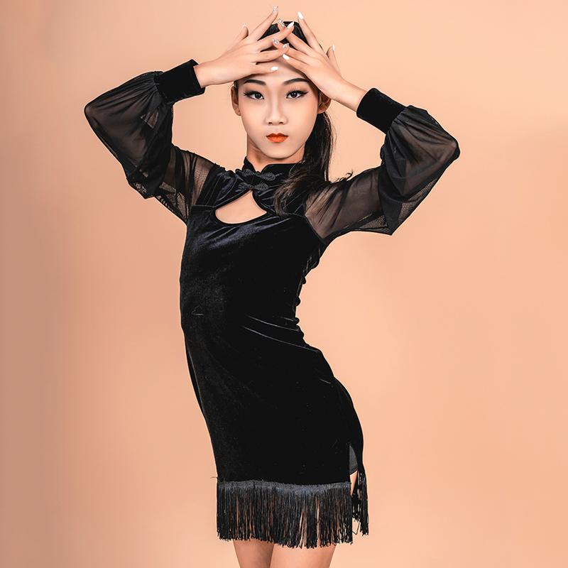 

Fashion Latin Dance Dress For Girls Black Mesh Fringe Dress Practice Clothes Ballroom Chacha Samba Latin Performance Wear DN7273, As picture