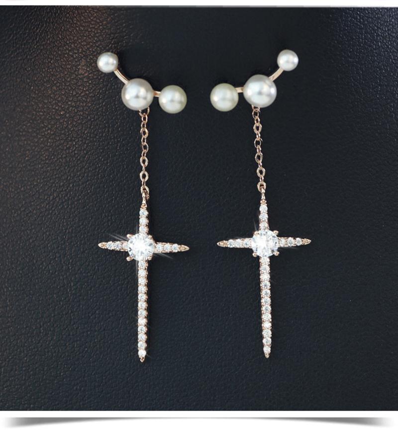 

2021 new Korean fashion wild simple long earrings female sweet pearl cross earrings February 14 gift, Silver