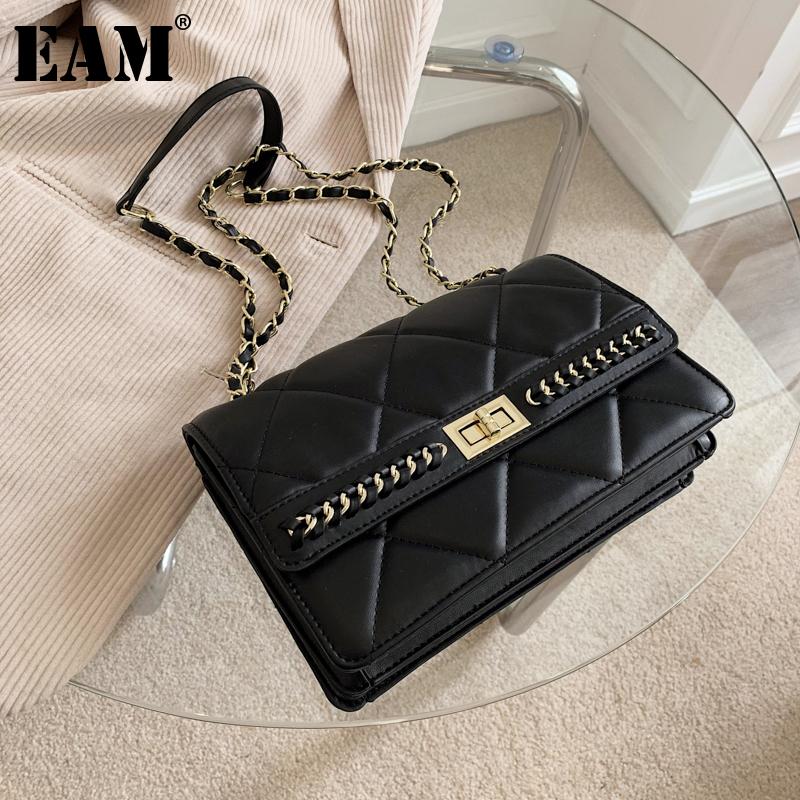 

[EAM] Women New Argyle Chains Square Elegant PU Leather Flap Personality All-match Crossbody Shoulder Bag Fashion 2021 18A1388, White