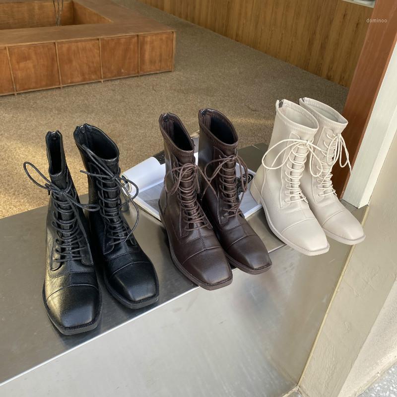 

DXFAN Vintage Square Toe Boots Women Back Zipper Ankle Boots for Women Med Heel Solid Winter Shoes1, Black