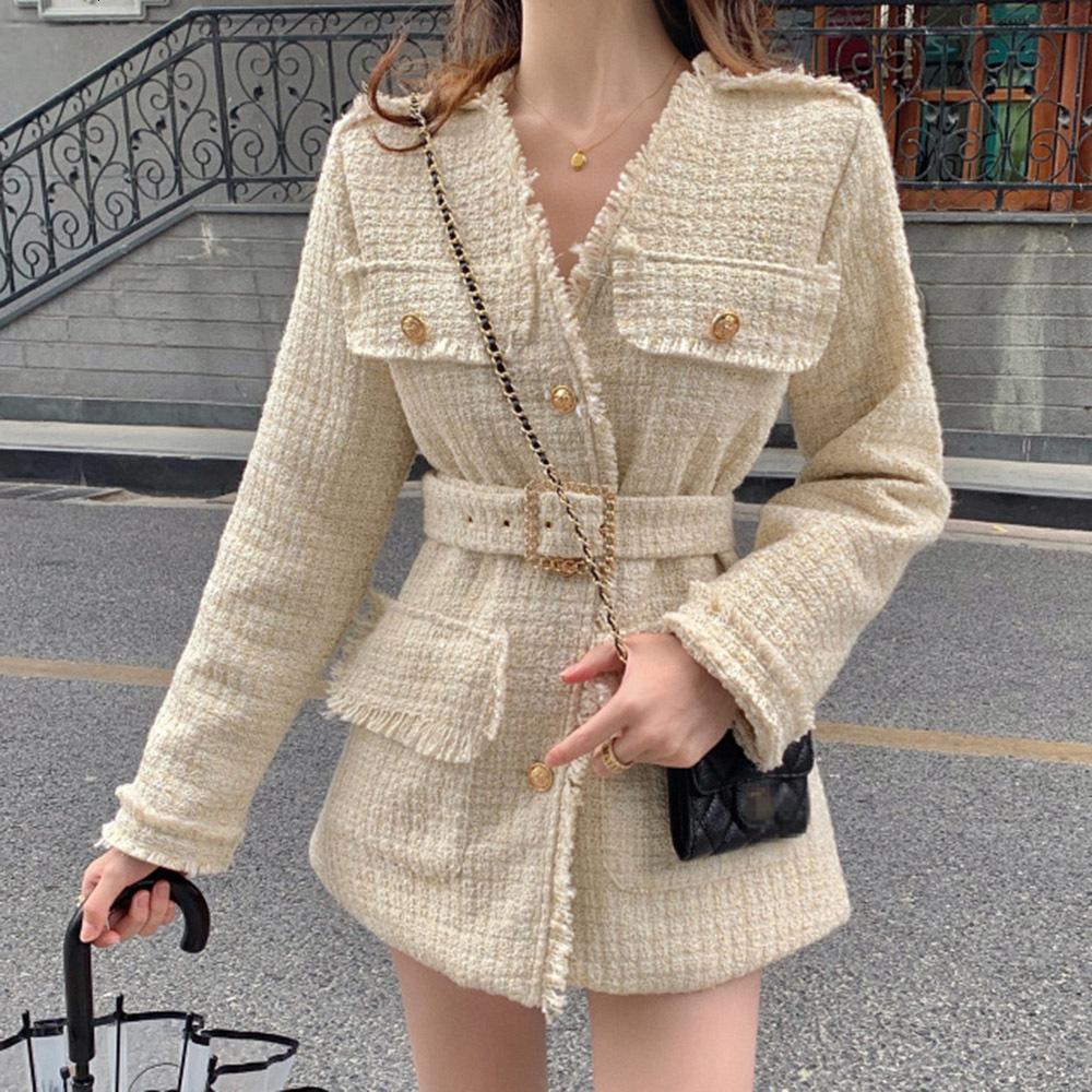 

2021 New Korean Version Jacket Autumn Winter Thicken Keep Warm Pocket Single-breasted Belt V-neck Long Sleeve GUPY, Black