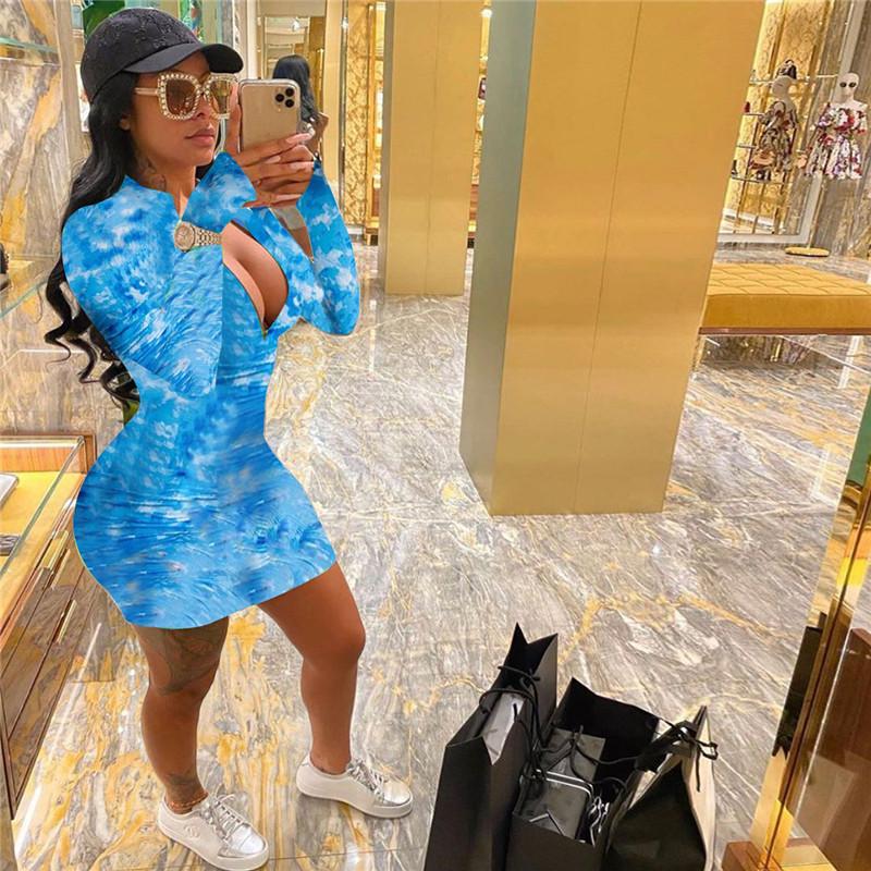 

Zip Up Long Sleeves Women Dresses New Casual Spring Fall Bodycon Pencil Dress Slim Fit Printed Short Mini Vestido Party Clubwear