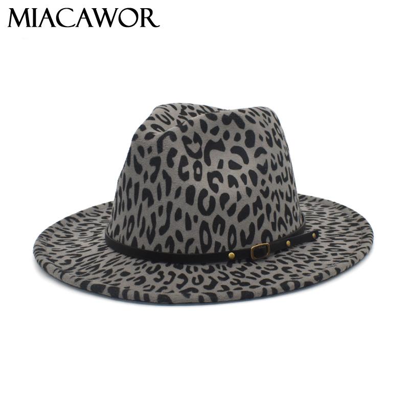 

Wide Brim Hats MIACAWOR Women's Flat Wool Felt Jazz Fedora Hat Men's Leopard Print Leather Band Decoration Trilby Panama F97, Army green