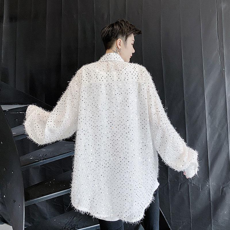 

New Male Japan Karajuku Streetwear Loose Black White Shirts Men Dot Tassel Long Sleeve Casual See Through Thin Shirt, 1192
