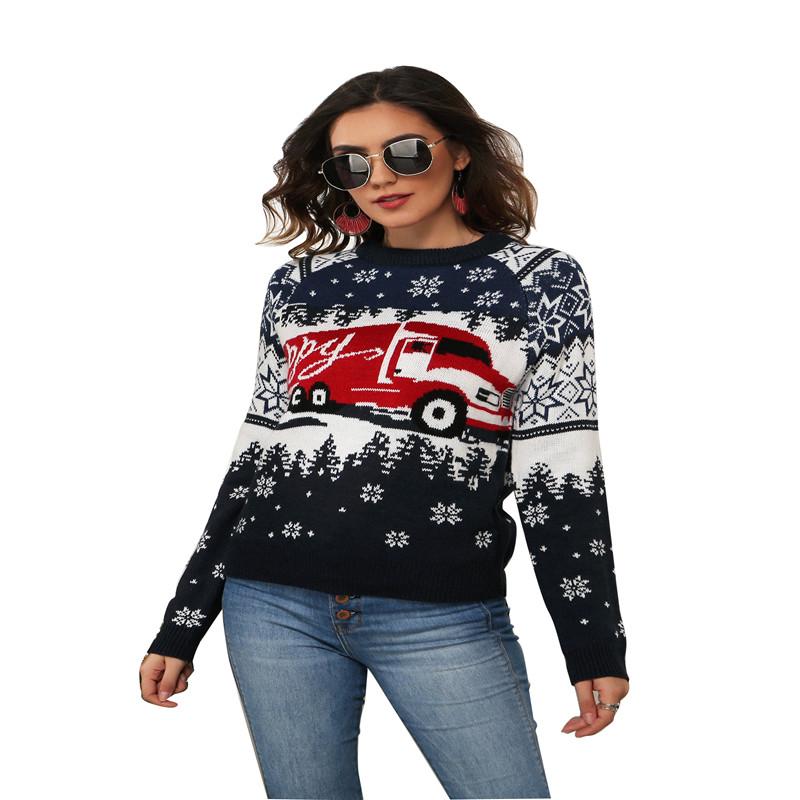 

Autumn Womens Christmas Sweaters Fashion Long Sleeves Snowflake Truck Print Knit Crewneck Pullover Tops, Multi
