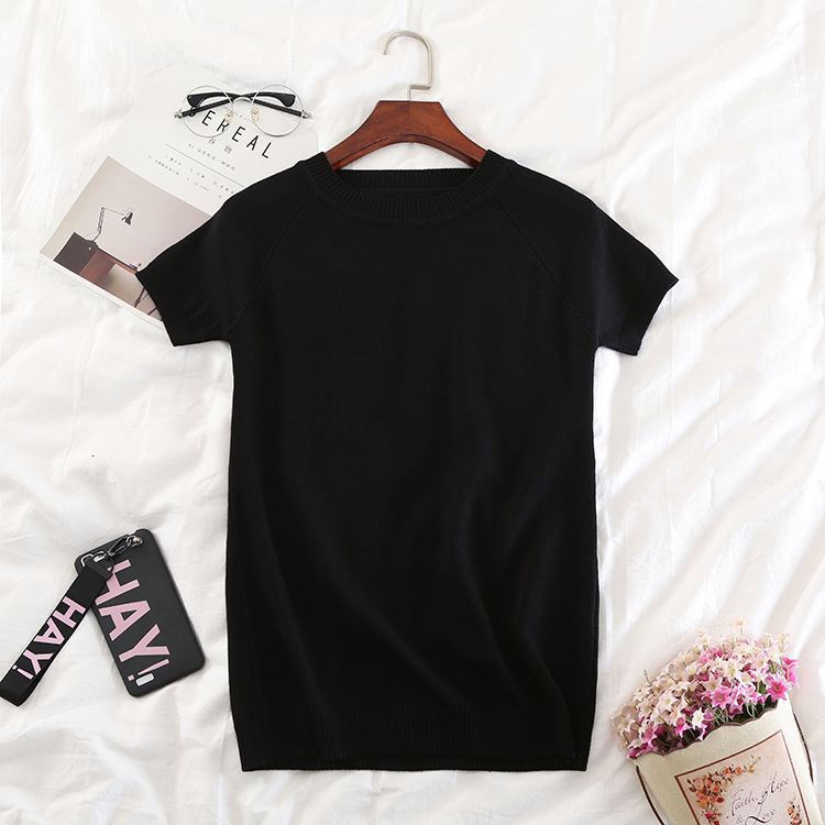 

2021 New Women Tops O-neck T-shirt Summer Short Sleeve Striped Shirts Tees Sweater Knitted t Shirt Korean Pull Femme Jumper Female 1yx8, Black