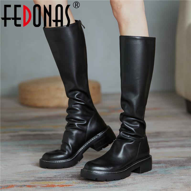 

FEDONAS Fashion Platform Knee High Boots Genuine Leather Back Zipper Chunky Heels Shoes Woman Heels Office Slim Long Shoes, Blackd