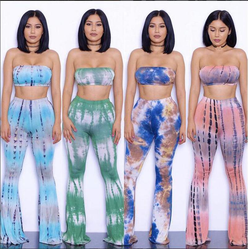 

Women's Jumpsuits & Rompers Summer Strapless Crop Top Flare Pant Overalls Gradient Tie Dye Print Women American 2 Piece Set Jumpsuit Plus Si, H19