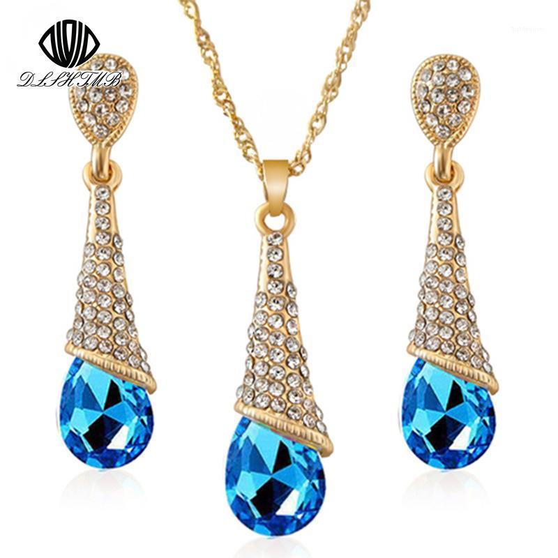 

DLSHTMB Long Blue Crystal Earrings Necklace Set Nine Colour Drops Earrings Necklace Set Elegant Lady Jewelry E75 N3021, Blue red yellow white green purple black