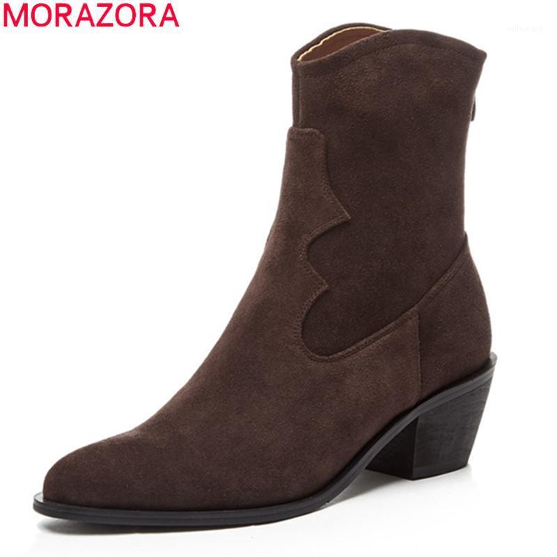 

MORAZORA Hot sale 2020 autumn winter boots top quality thick heels pointed toe ankle boots fashion brown color women1