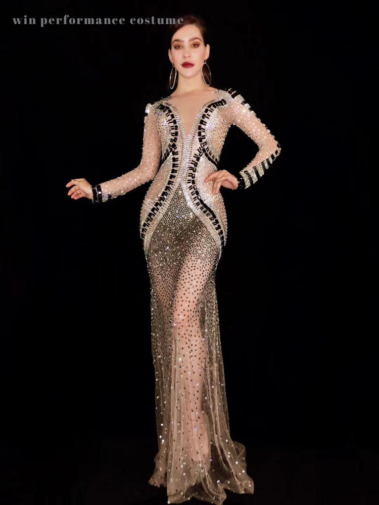 

shinny host models evening v neck see through mesh dress floorlength bithday prom party celebration sexy sparkly skirts, Multi