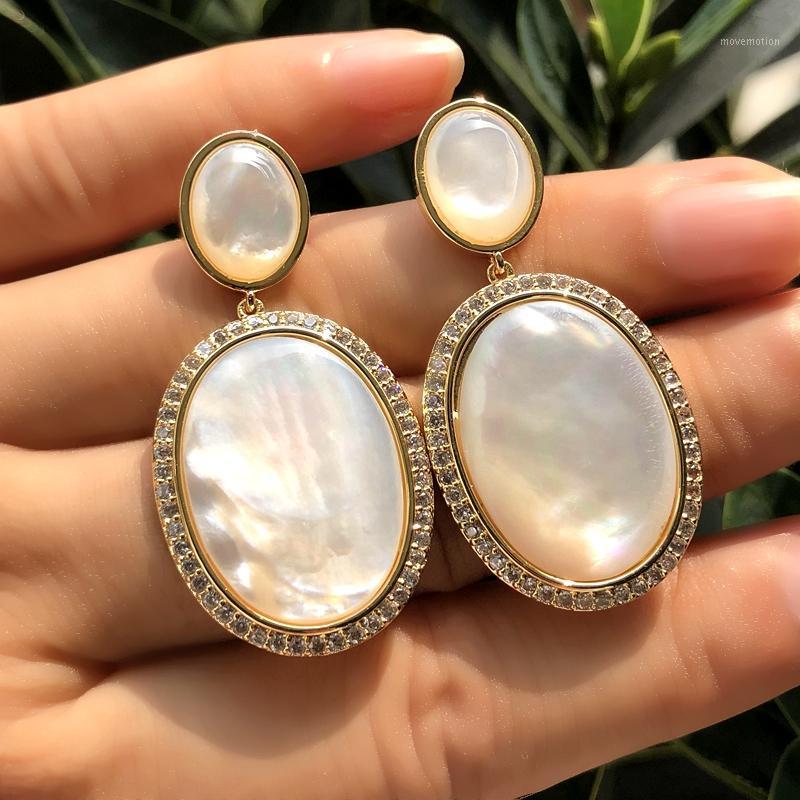 

Big oval Natural Shell Dangle Earrings Round White Cubic zirconia Stone gold color Vintage Earrings Women Bride Fashion Jewelry1