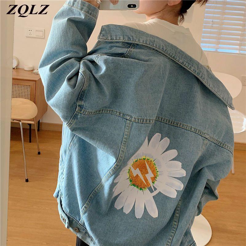 

ZQLZ Vintage Women Denim Jacket Loose Flower Street Jeans Autumn Coat Female 2020 New Plus Size Spring Jean Coats Womens, Blue