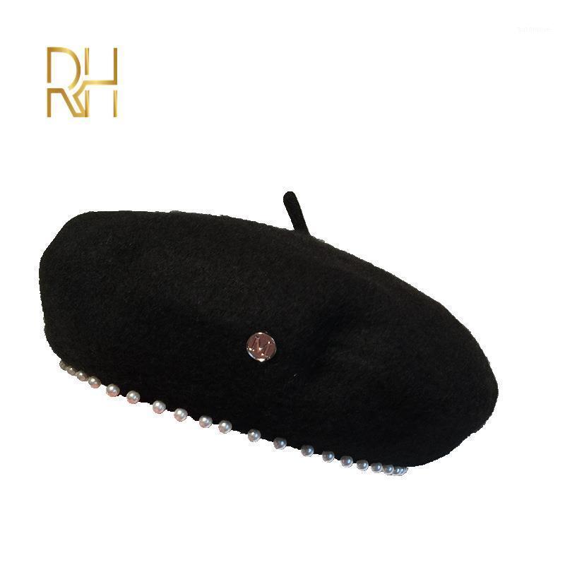 

Fashion New Women Woolen Solid Color Beret Female Bonnet Caps Winter All Matched Warm Walking Black Hat With Pearl RH1