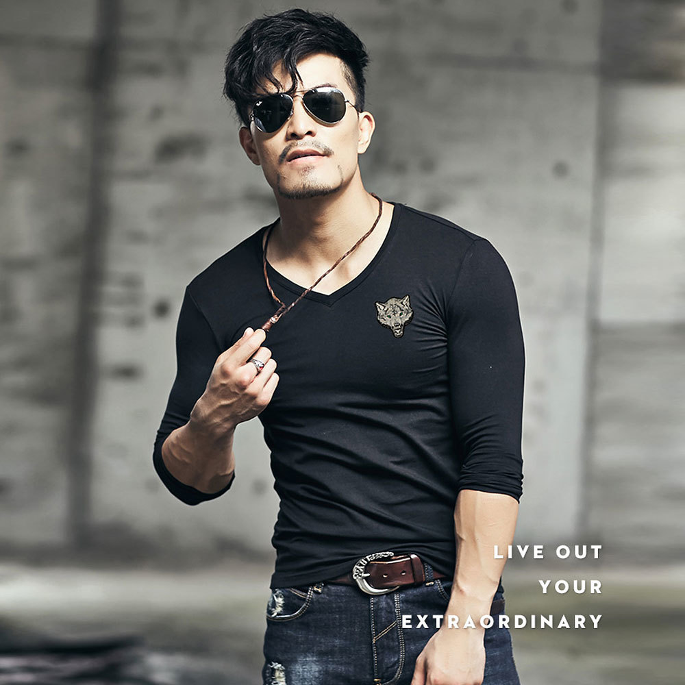 

Brand Men's Wolf Embroidery Tshirt Cotton Long Sleeve T Shirt Spring Autumn Casual Men's O Neck Slim T-shirts Size S-5XL 201203, V neck army
