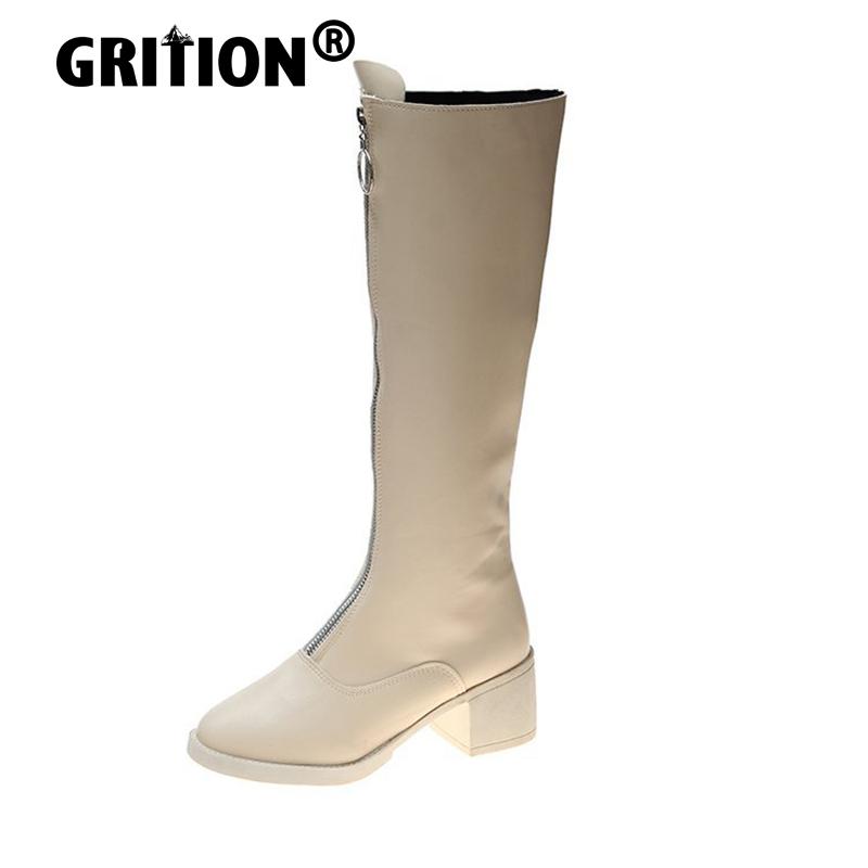 

GRITION Women Boots Front Zipper Thick Square Heels Fashion Sexy Non Slip Knee High PU Shoes 2020 Casual Ladies Party Boots New, Beige