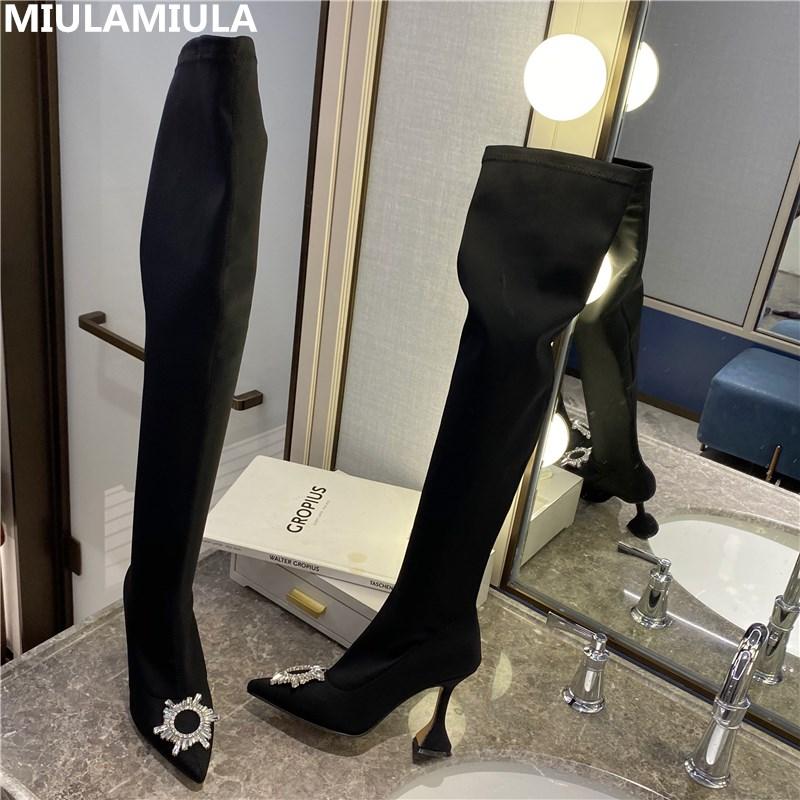 

Size 35-42 Luxury Bling Rhinestone Buckle Thigh High Boots Sexy High Heels Black Stretch Fabric Socofy Velvet Shoes Ladies Party, Black pu inside