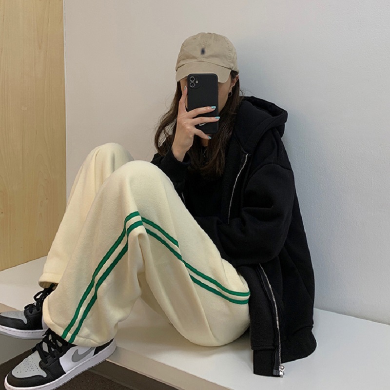 

2021 New 3 colours Korean style lateral stripe female leg wide casual elastic waistline high-thick women's long pants (f4132) 7STM, Beige