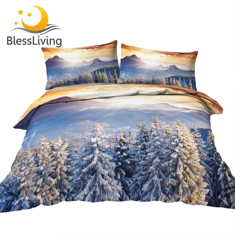 

BlessLiving Winter Landscape Bedding Set Coniferous Tree Duvet Cover 3D Sunset Mountain Bedspreads Nature Beauty Forest Bed Set