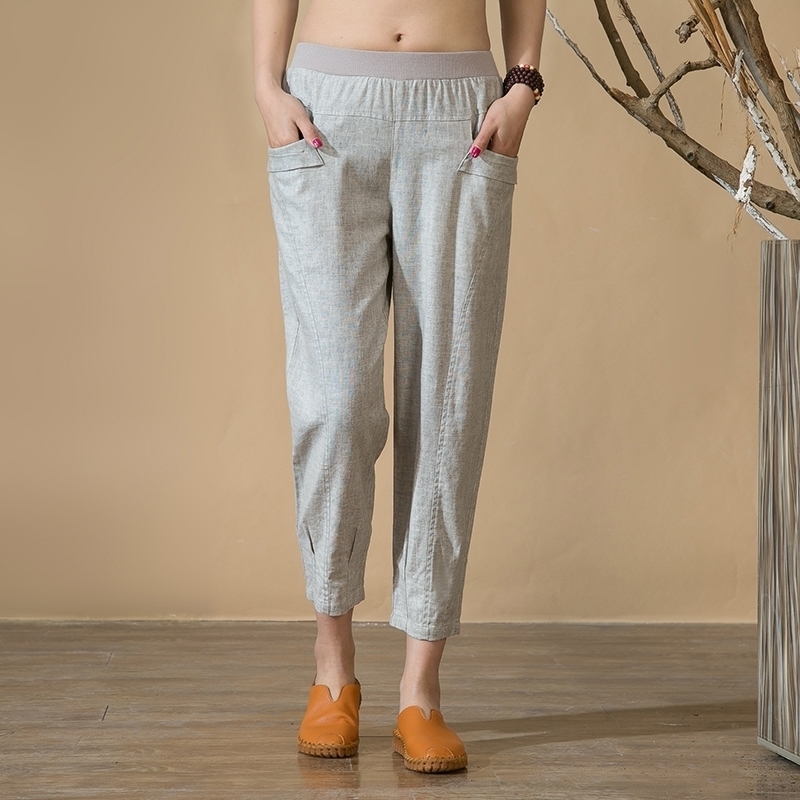 

Women Casual Harem Pants Spring Summer Ankle-length Trousers Female Elastic Waist Women Pants Cotton Linen High Waist Pants 4XL 201106, Pink