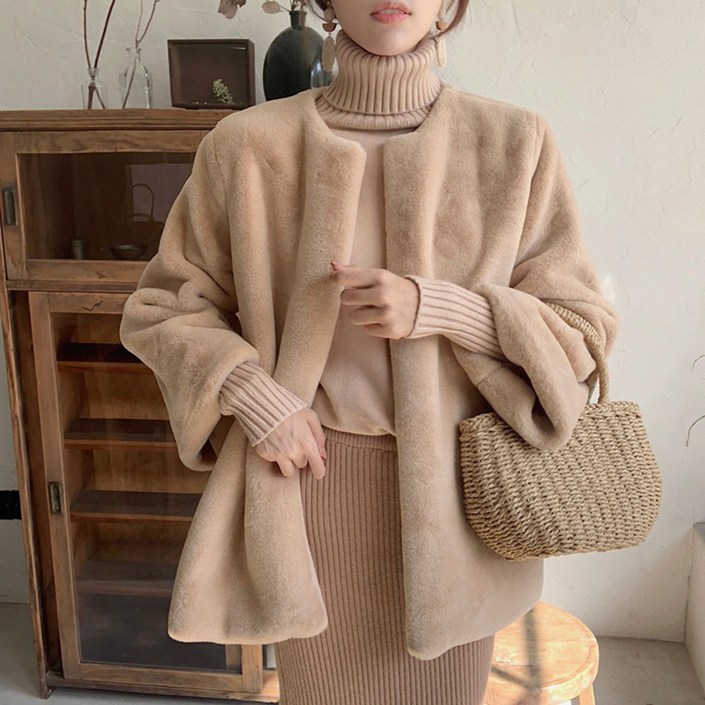 

2021 New Winter Office Ladies Faux Overcoat Minimalist Simple Korean Style Loose Fur Coats Women Warm Outwear Fleece Z0QC, Khaki