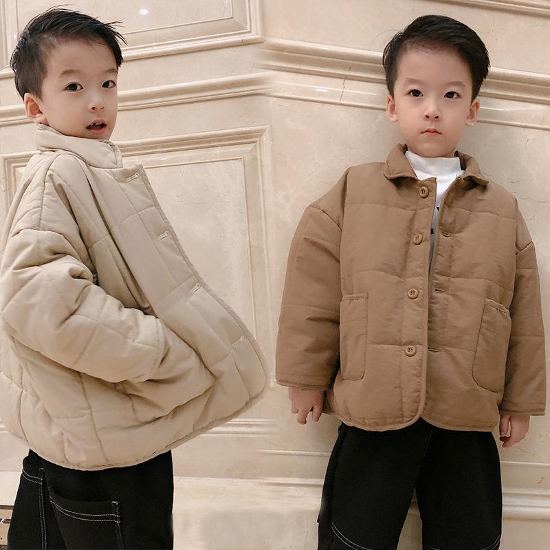 

Children's Cotton Clothes Tide 2020 Autumn and Winter Korean Version of the Boys and Girls Warm Cotton Coat Long Solid Color wit, Khaki with velvet lining cotton