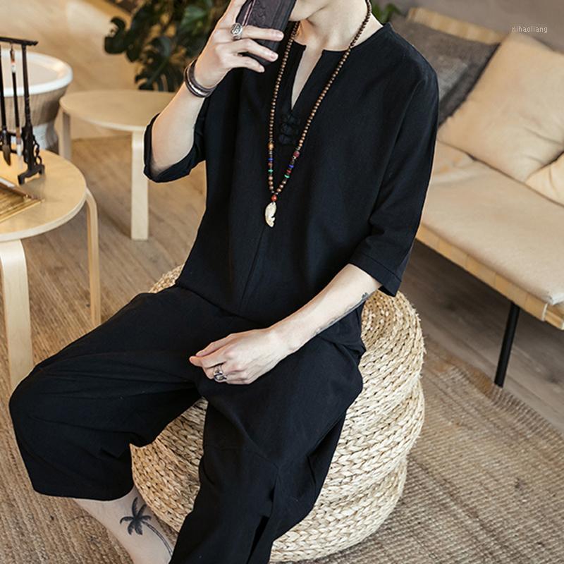 

Men Thin Linen Set Summer Chinese Style Loose Large Size Cotton Linen 2Pcs/set Short Sleeve Middle Length Pants Best Sal1, Dark grey