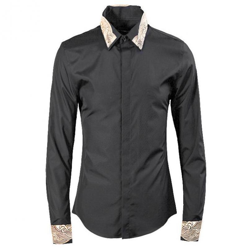 

Classic Mens Shirts Luxury Collar Embroidered Mens Dress Shirts Size 4xl Hand-painted Fashion Long Sleeve Cotton Man, Black