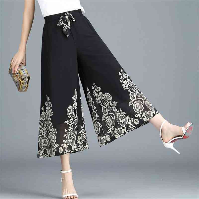 

korean style summer vintage plus size trousers women chiffon wide leg pants ropa high waist casual pantalones de mujer clothing, Black;white