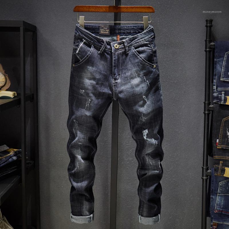 

Nice Men Summer Jeans Blue Stretch Ankle-length Pants Ripped Broken Man Torn Slim Skinny Denim Biker Jeans Streetwear Trousers1, L822