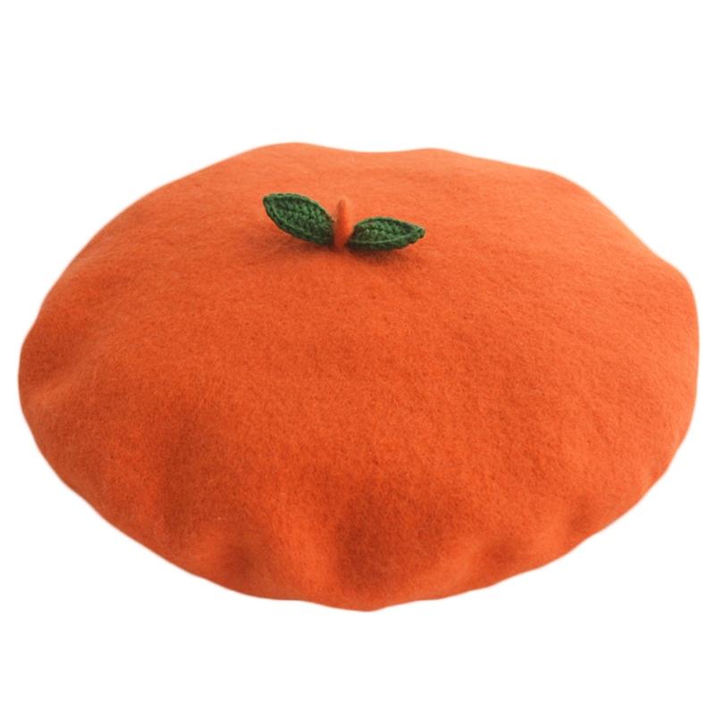 

Berets 2021 Winter Faux Wool Beret Cap Cute Green Leaves Kawaii Orange Fruit Painter Hat, Kids
