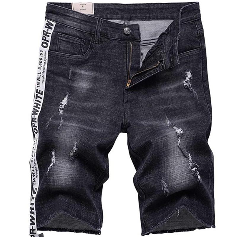 

Men's Summer New Jeans Shorts Plus Size Fashion Designers Cotton Male Slim Fit Casual Knee Length Hole Cowboy Shorts, Black