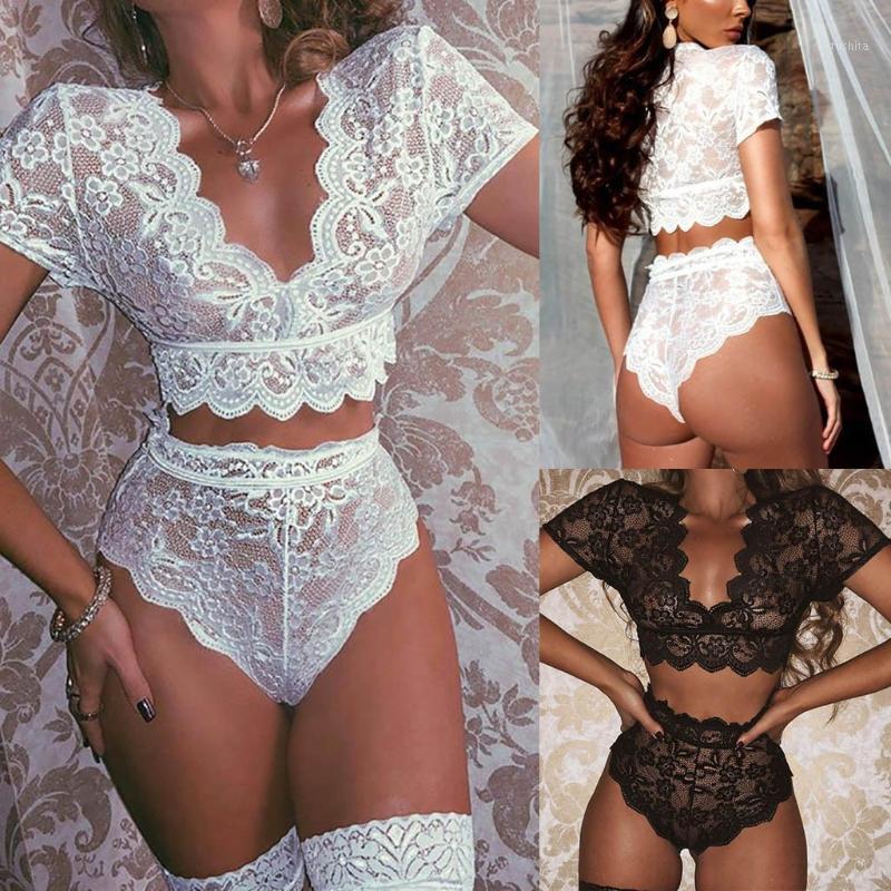 

ropa interior Women's Sexy Lace Lingerie V-neck Bra Thong Short Sleeve Top Underwear Sexy Temptation Plus Size Suit S-3XL 50*1, As the picture shows