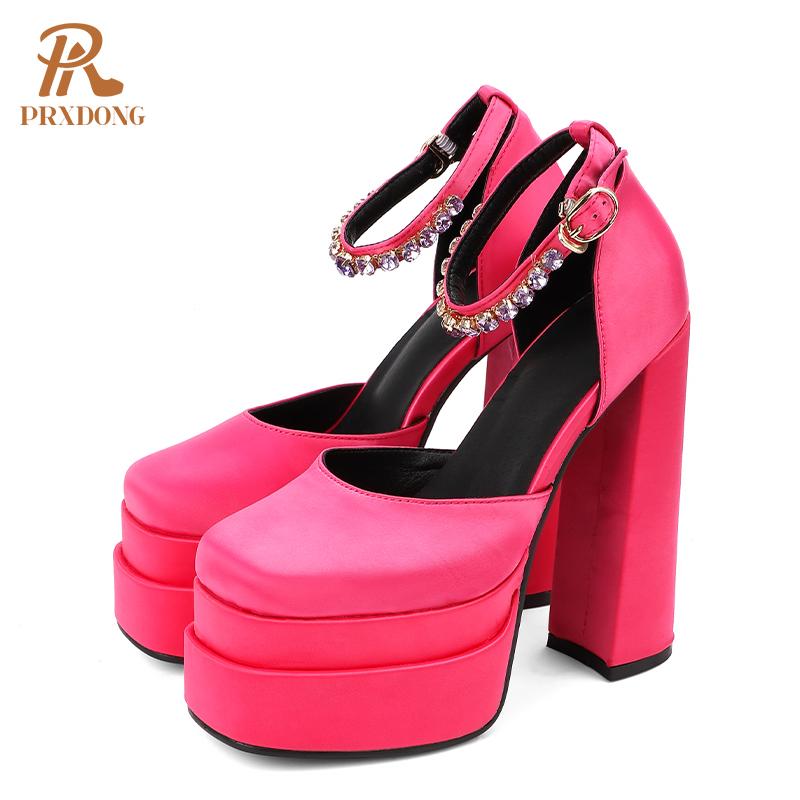 

Dress Shoes 2022 Brand Women Sandals Summer Sexy Thick High Heels Platform Black Red Yellow Party Wedding Woman Pumps